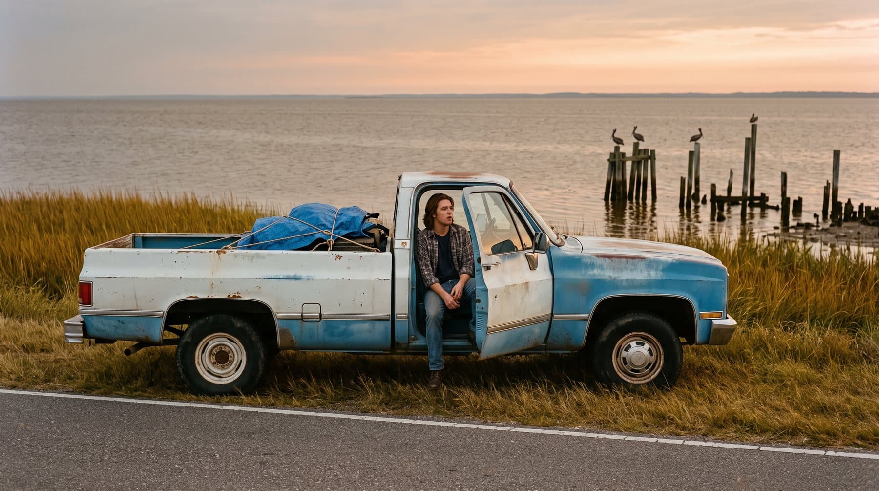 A pickup truck pulled onto the shoulder of a causeway over a wide bay at dusk