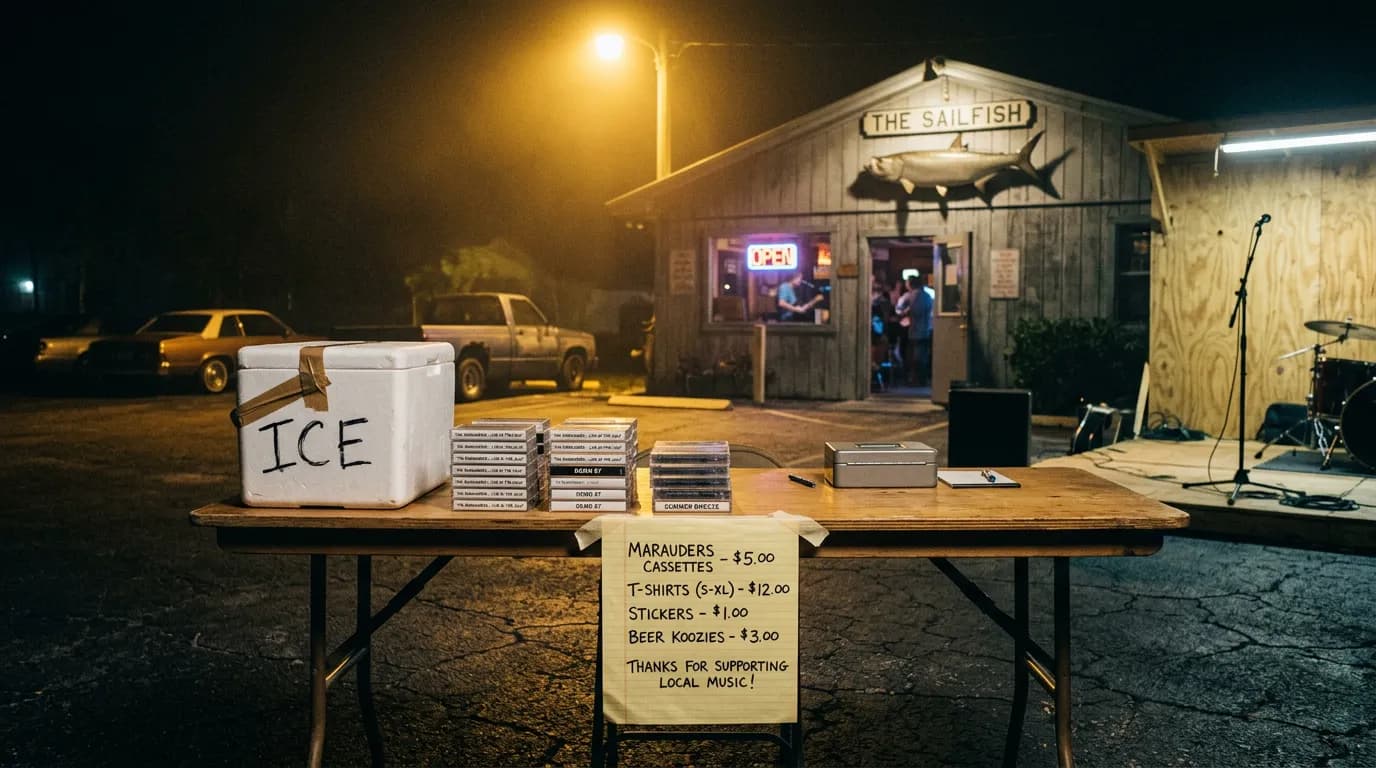 A folding merch table with a cooler and stacked cassettes in a bar parking lot at night