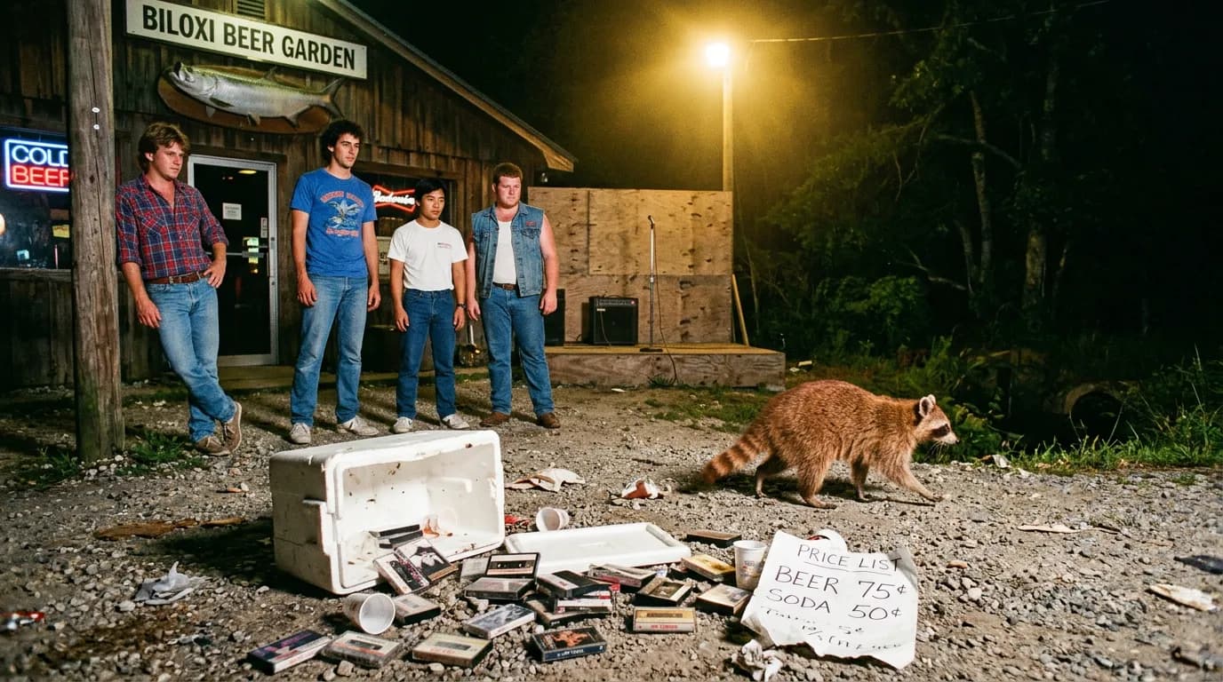 Four young men stand at the edge of a gravel lot at night while a raccoon walks away from an overturned cooler and scattered cassettes