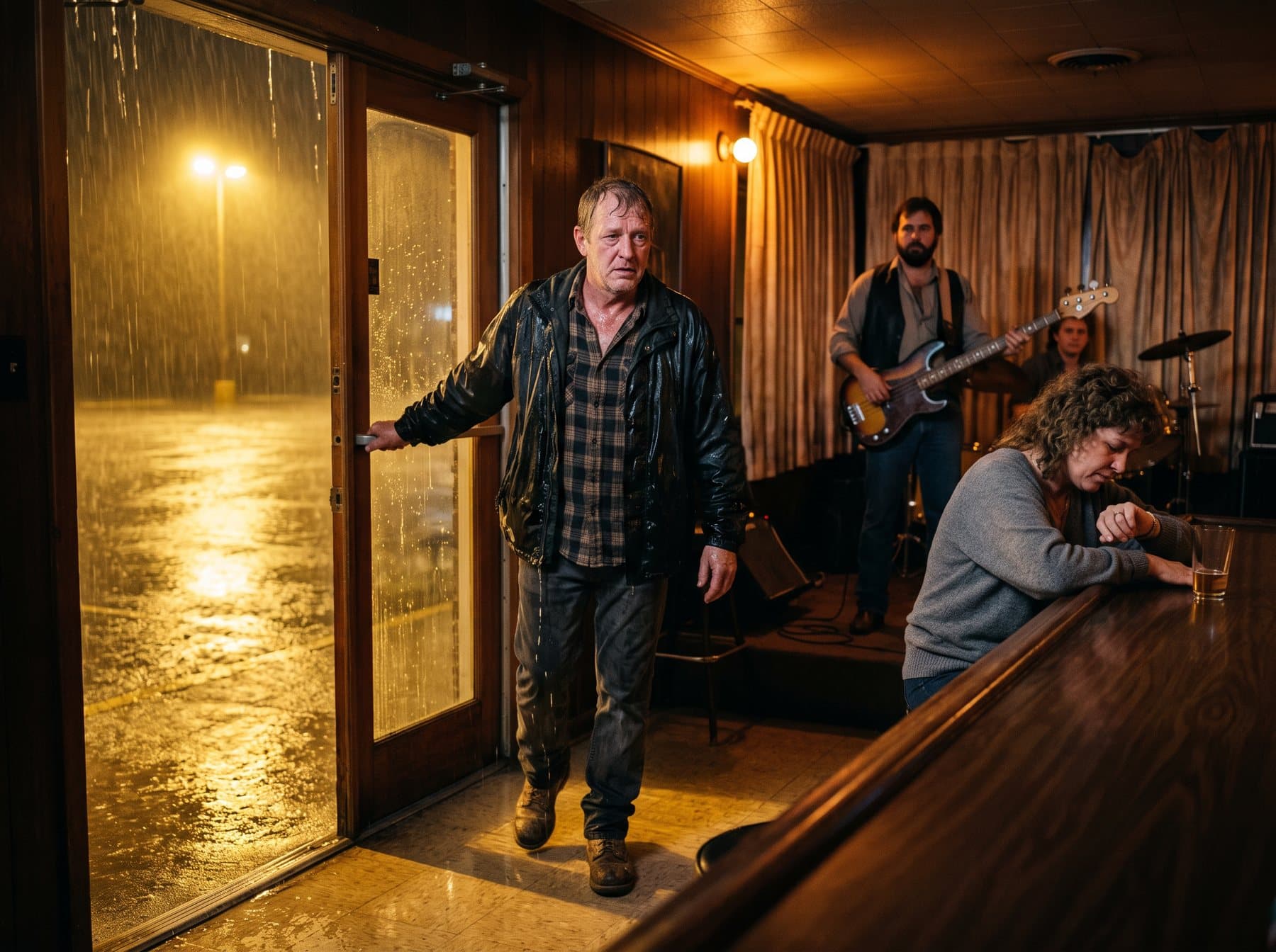 A man in a wet jacket stepping into a dim bar out of the rain