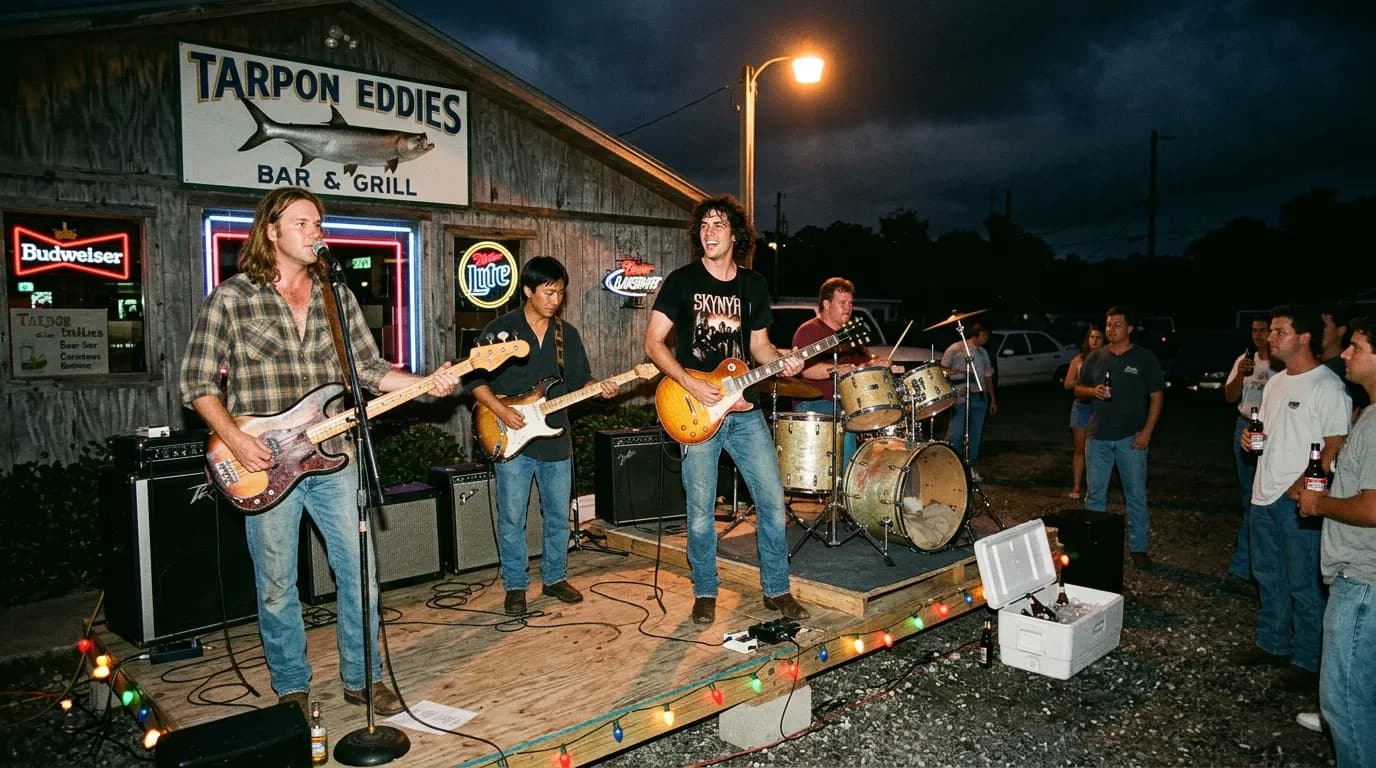 Critter's Gonna Critter on a low plywood riser in a gravel lot outside a Gulf Coast bar at night