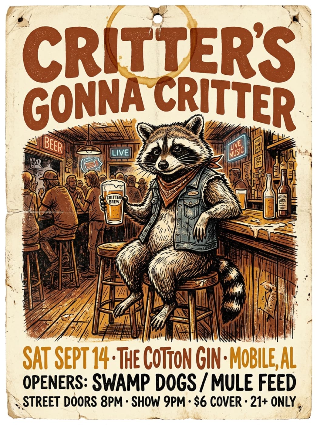 A worn gig poster showing a raccoon on a barstool
