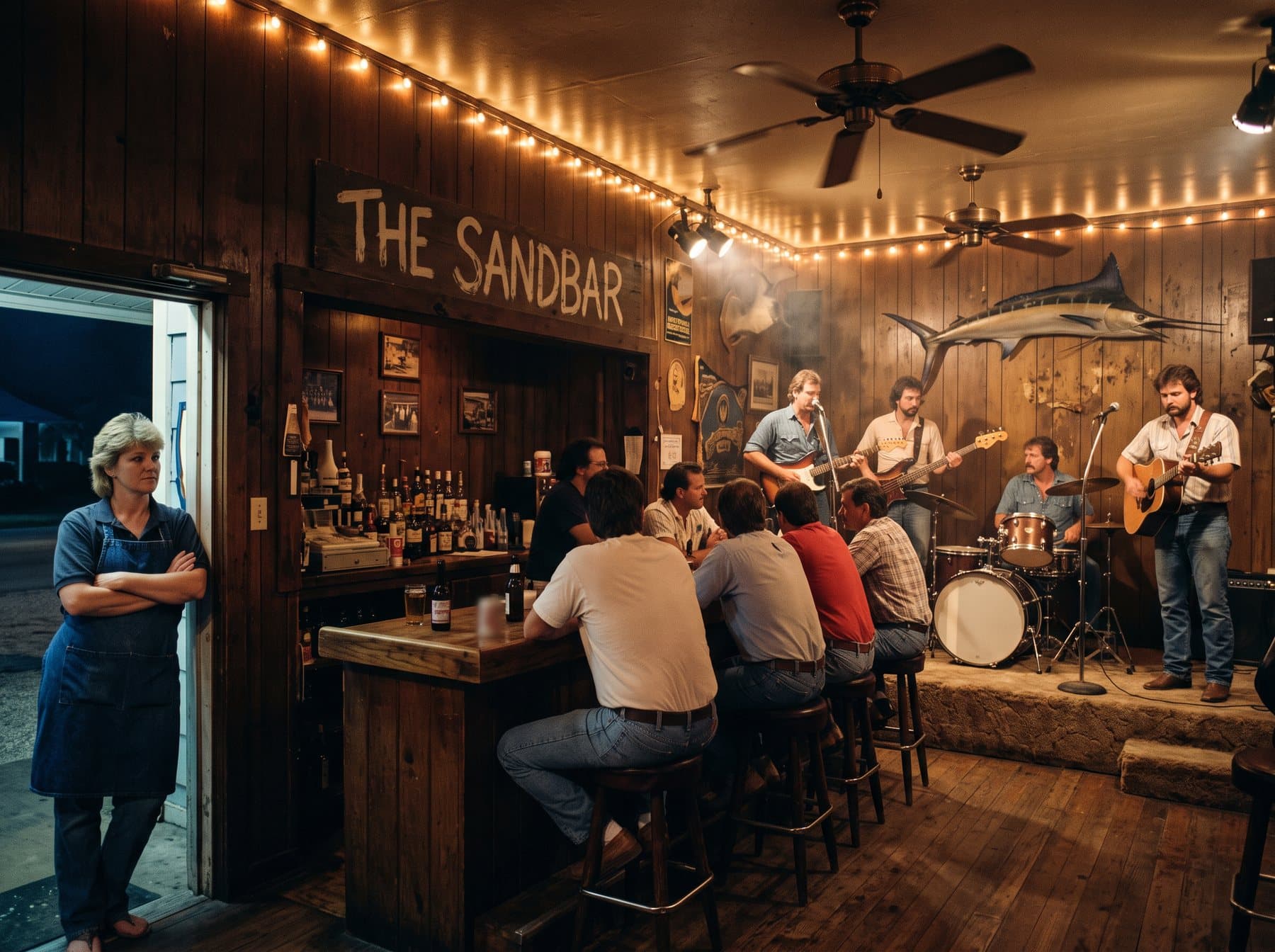 A small Gulf Coast bar on a weeknight, a four-piece band playing to a handful of people, a woman in the doorway