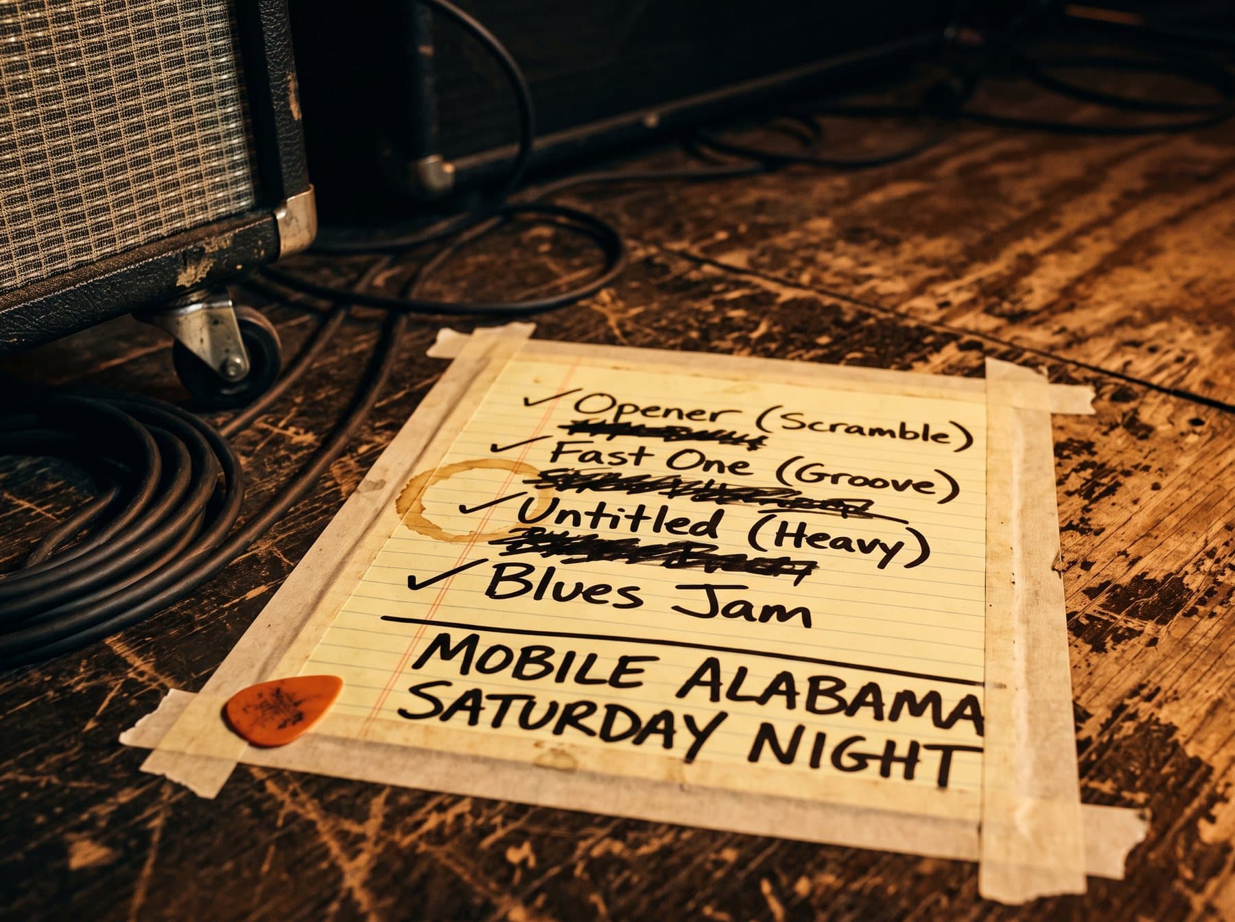 A handwritten setlist taped to a plywood stage floor beside a bass amplifier