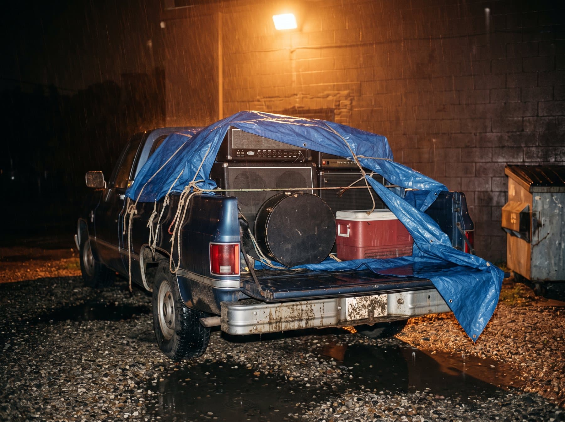 The bed of a 1980s pickup truck loaded with amplifiers under a blue tarp in light rain